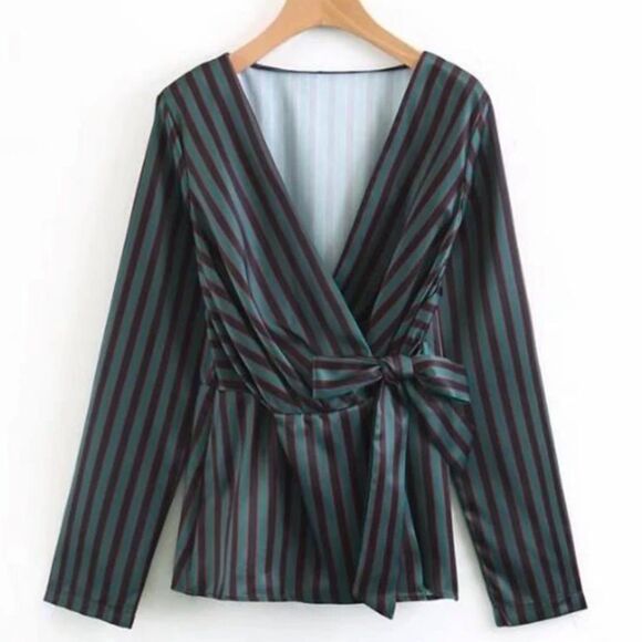 Zara Striped Sateen Wrap Blouse Medium Black - Picture 2 of 9